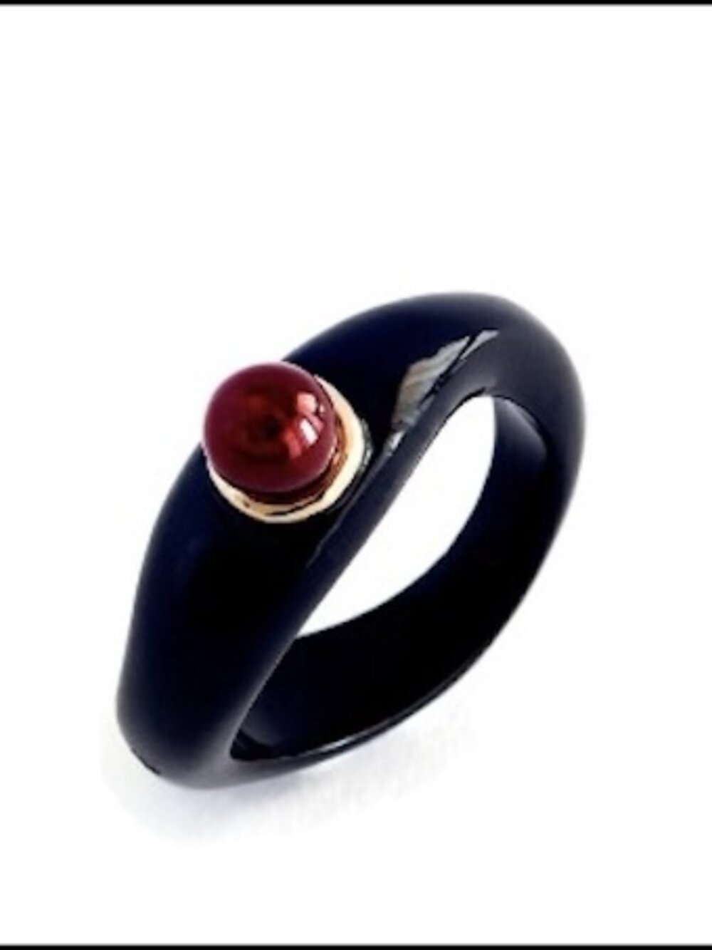 Handmade, Asymmetrical, Black -Enameled Silver Ring - Gold & Carnelian Stone